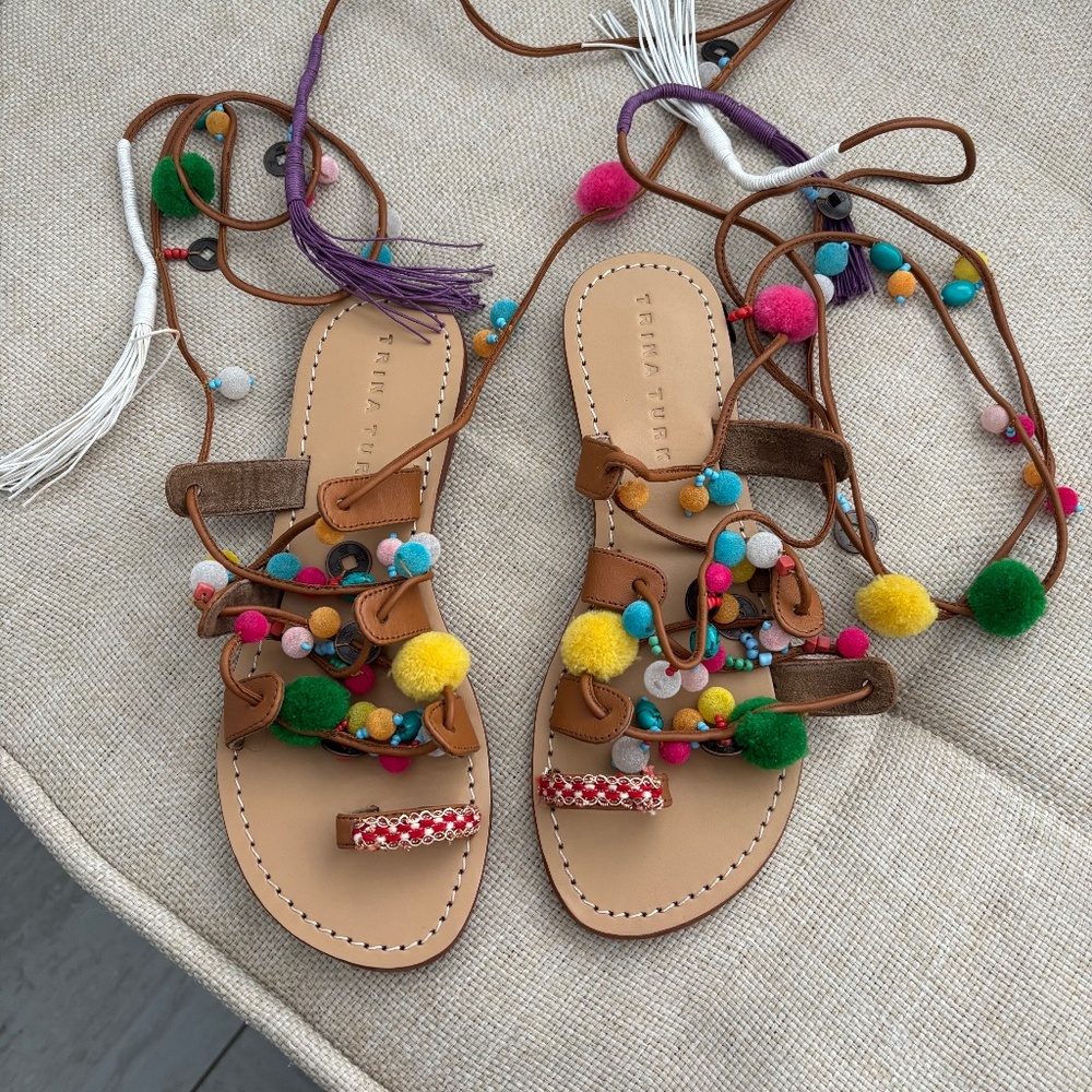 Trina Turk Tan Leather Pom Pom Lace-Up Sandals with Multicolor Accents
